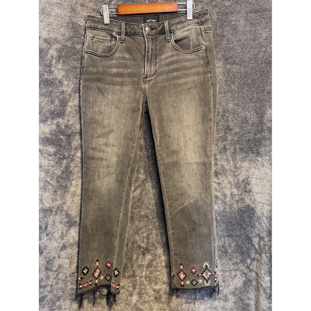 Driftwood‎ Colette Embroidered Crop Jeans Faded Black Raw Hem Size 27 Boho Denim